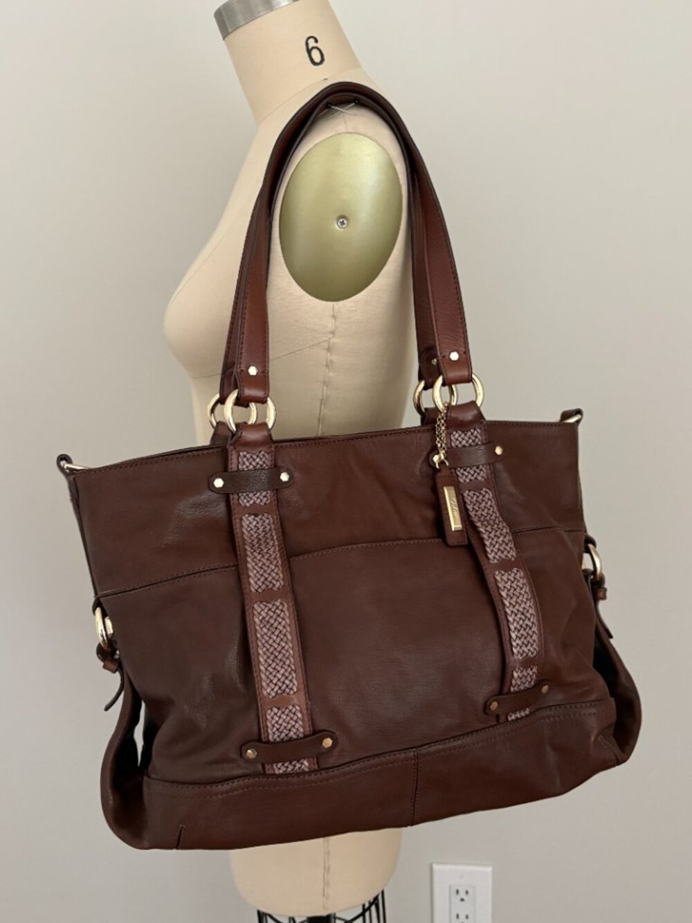 Cole Haan Brown Sierra Tote Bag Braided Woven Accents Gold Hardware Equestrian